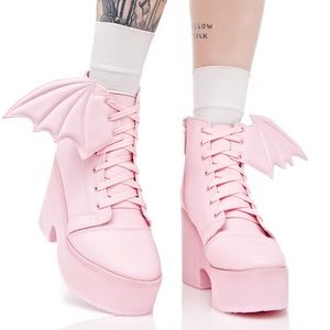 Iron fist bubblegum batwing boots heeled lace up baby pink great condition